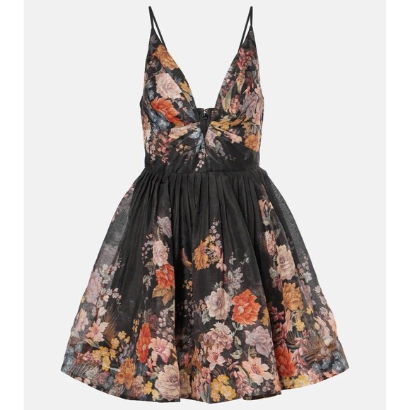 Zimmermann Pavilion V Neck Mini Dress in Black Multi Floral Linen Silk AU 1 US 6 - Picture 2 of 16